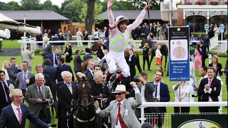 Frankie Dettori celebrates Max Dynamite's victory at York with one of his trademark flying dismounts