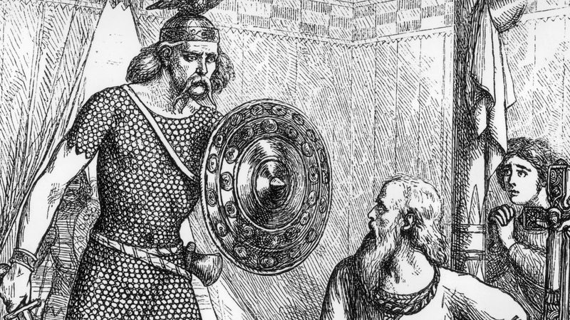 The coins were produced around the time Brian Boru (right) defeated a viking force in the Battle of Clontarf