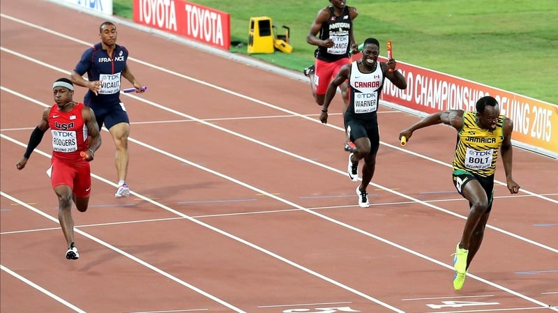 Usain Bolt crosses the line first for Jamaica