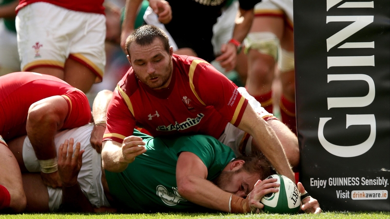 Iain Henderson gets over for Ireland's only try in the 16-10 defeat to Wales