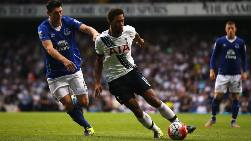 Moussa Dembele of Tottenham is shadowed by Everton's Gareth Barry