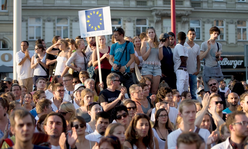 Demonstrators in Vienna, Austria calling for more rights for refugees