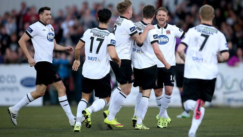 Dundalk players celebrate Ronan Finn's opener against his former side at Oriel Park