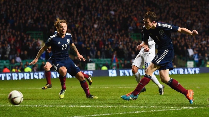Andy Robertson scores for Scotland in their 3-1 friendly defeat to England at Celtic Park last November