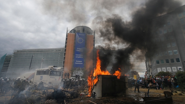 Farmers staged a noisy protest outside the EU council building