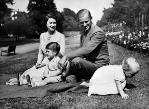 Elizabeth and Philip with their two children, Charles and Anne, circa 1951