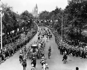 The royal carriage passes along Victoria Embankment on its way to Westminster Abbey for Elizabeth's coronation