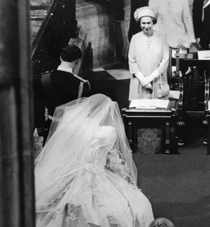 The queen at the wedding of Charles and Diana in 1981