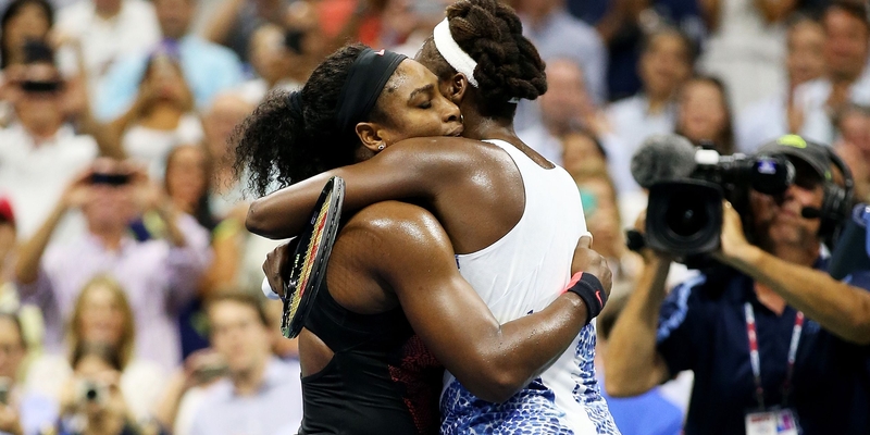 Serena Williams hugs sister Venus Williams after their US Open quarter-final
