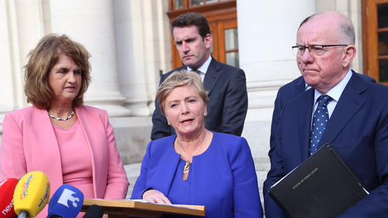 Joan Burton, Aodhán Ó Ríordáin, Frances Fitzgerald and Charlie Flanagan at the announcement this morning