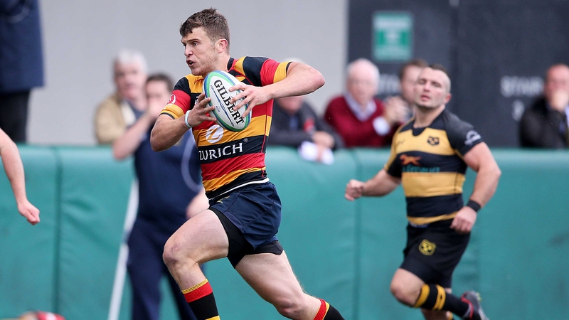 Thomas Farrell runs in for a try for Lansdowne against Young Munster