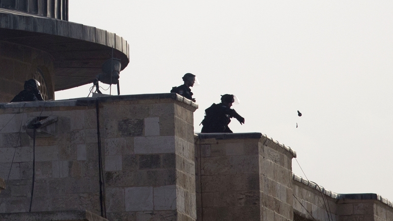 Israeli police inside the al-Aqsa mosque complex as clashes with Palestinians break out
