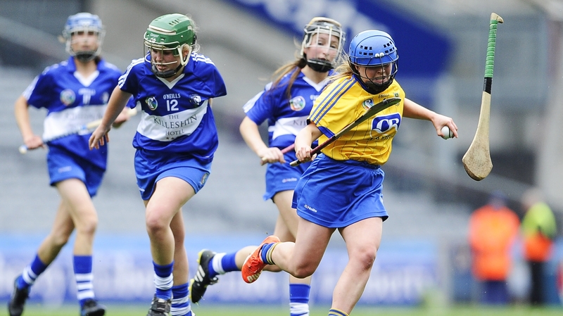 Roscommon’s Aisling Byrne with Aisling O’Dea of Laois who loses her hurl in the All-Ireland junior camogie final