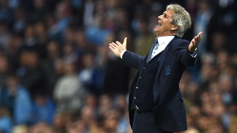 An exasperated Manuel Pellegrini reacts to Juventus' second goal at the Etihad Stadium