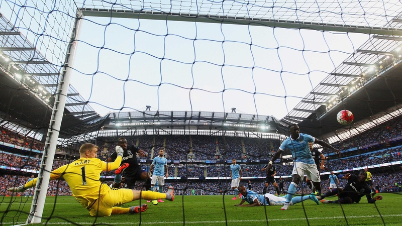 Diafra Sakho scores West Ham's second goal at the Etihad Stadium