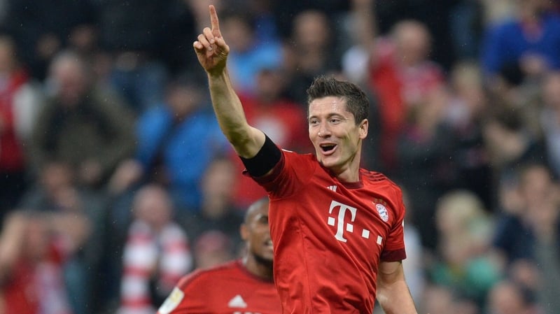 Robert Lewandowski celebrates after his fifth goal for Munich