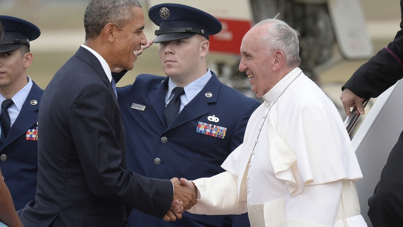 Pope Francis was greeted at the airport by President Barack Obama and the First Family