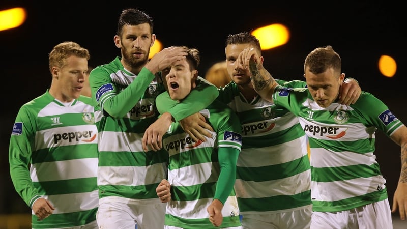 Shamrock Rovers players celebrate Brandon Miele's late winner
