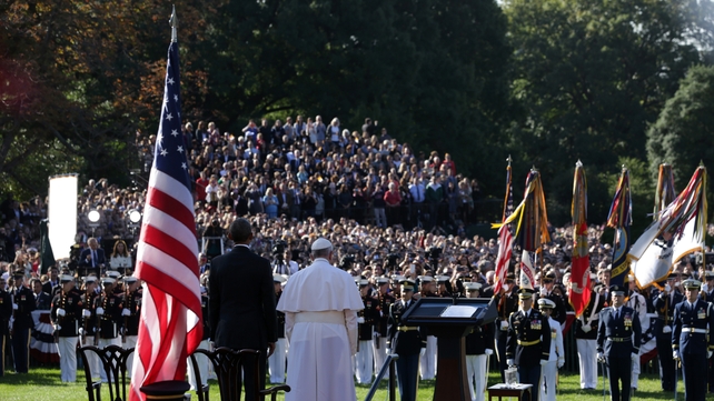 Pope Francis and President Obama prepare to address the crowd