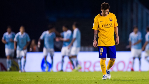 Barcelona's Lionel Messi after Iago Aspas of Celta Vigo scored his team's fourth goal