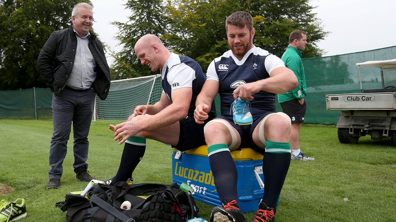 Michael Corcoran with Paul O'Connell and Sean O'Brien before Ireland training
