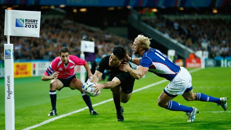 Nehe Milner-Skudder scores his team's fifth try against Namibia