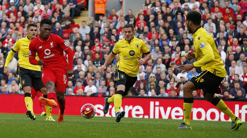 Liverpool's Daniel sturridge scores his side's third goal against Aston Villa