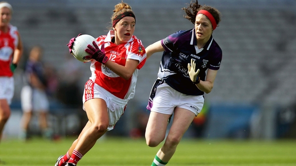 Aimee McNally of Louth with Shauna McWilliams of Scotland during the All-Ireland ladies junior final at Croke Park