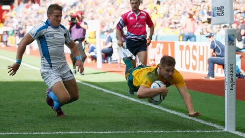 Drew Mitchell dives over to score Australia's seventh try