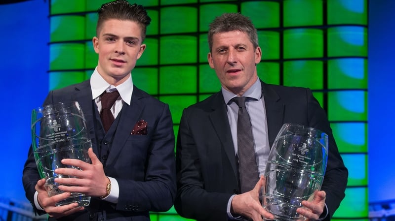 Jack Grealish (left) pictured with Andy Townsend after being named Republic of Ireland U21 player of the year earlier this year