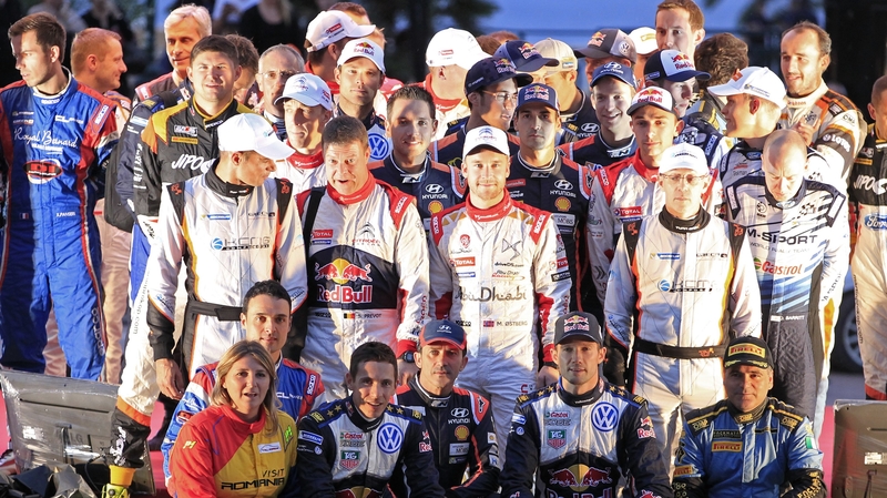 Drivers and co-drivers pose for a group photo during the presentation of the FIA World Rally Championship