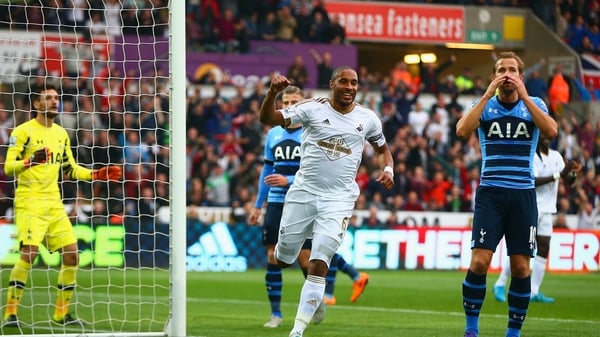 Ashley Williams celebrates after Harry Kane's og put Swansea ahead against Spurs