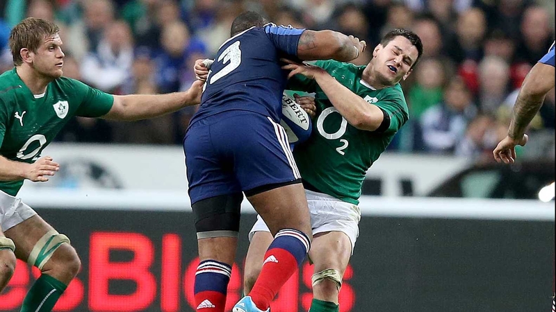Johnny Sexton clashes with Mathieu Bastareaud during this year's Six Nations