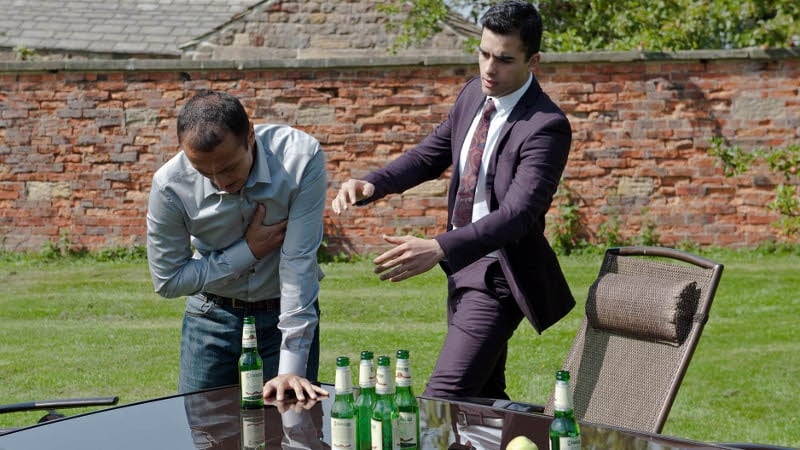 Jai doubles over in agony with blood running from his nose in the oprning episode of this week's Emmerdale.