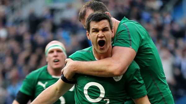 Devin Toner congratulates Johnny Sexton after scoring a try against France earlier last year