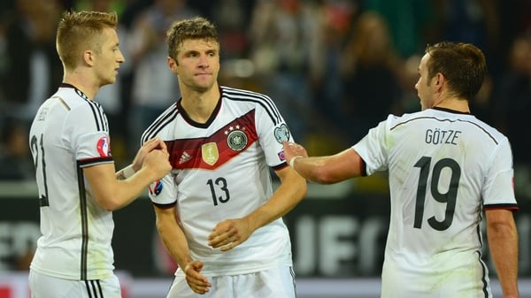 L-R: Marco Reus, Thomas Mueller and Mario Goetze