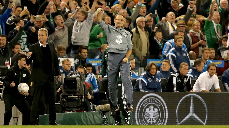 Ireland manager Martin O'Neill celebrates at the final whistle against Germany