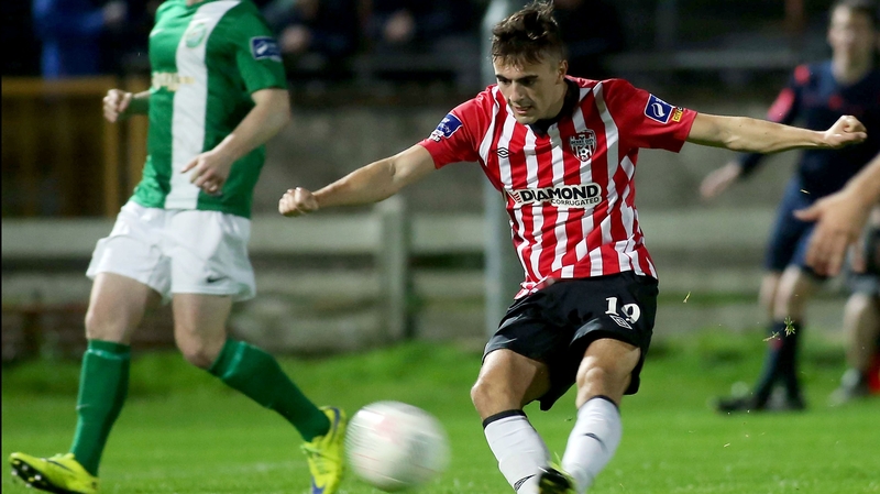 Derry's Mark Timlin scores the opening goal against Bray