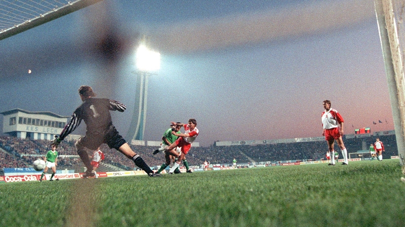 Paul McGrath scores for Ireland against Poland back in 1991, in a 3-3 draw