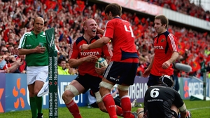 Paul O'Connell celebrates scoring a try against Ospreys in a Heineken Cup quarter-final at Thomond Park in 2009