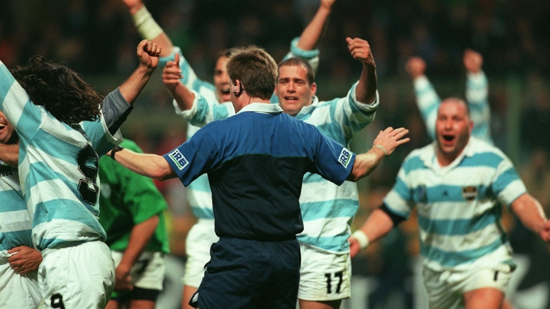 Argentina players celebrate at the final whistle in their famous 1999 win in Lens