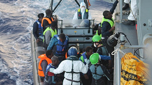 LÉ Samuel Beckett rescued over 100 people from an inflatable craft off Libya this morning (Pic: Defence Forces)