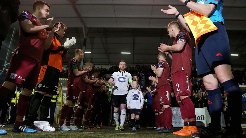 The Galway team form a guard of honour as Dundalk captain Stephen O'Donnell leads out his team