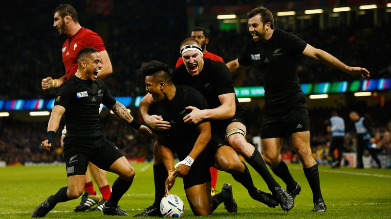 New Zealand players celebrate another Julian Savea try