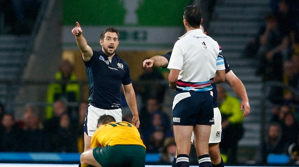 Greig Laidlaw asks referee Craig Joubert to watch the video replay leading up to Australia's decisive penalty