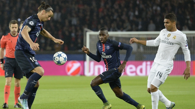 Paris Saint-Germain's Zlatan Ibrahimovic controls the ball in front of Real Madrid's Casemiro
