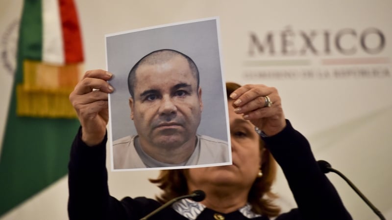 Attorney General Arely Gomez shows a picture of Joaquin 'El Chapo' Guzman