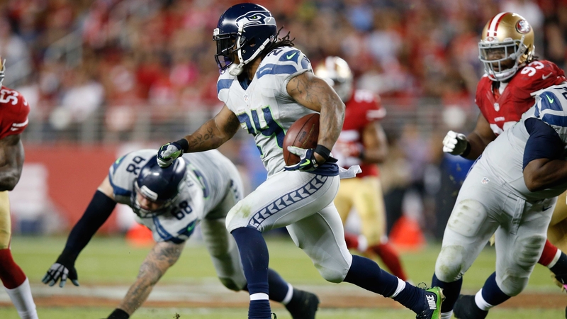 Marshawn Lynch of the Seattle Seahawks rushes with the ball at Levi's Stadium