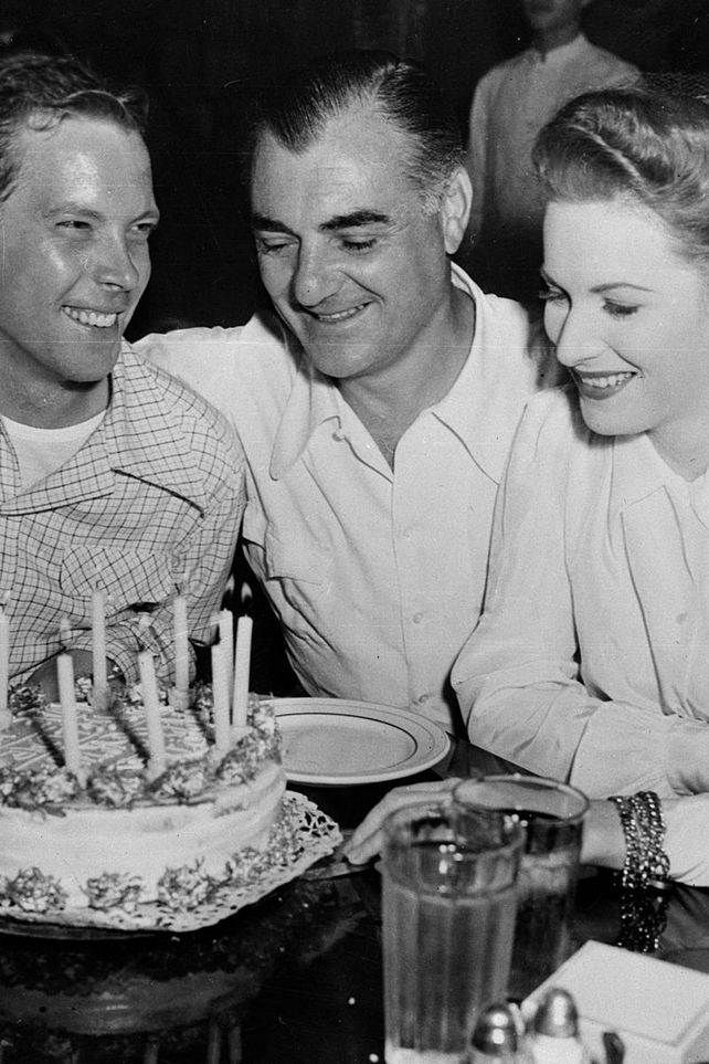 Celebrating actor Dick Haynes' (L) birthday at the 20th Century Fox studios, California with producer William Perlberg in June 1946