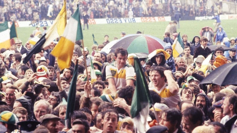 Seamus Darby held aloft by Offaly fans after their shock win over Kerry in the 1982 All-Ireland Football Final